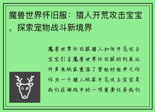 魔兽世界怀旧服：猎人开荒攻击宝宝，探索宠物战斗新境界